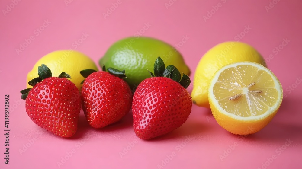 Poster vibrant arrangement of fresh strawberries lemons and limes on a soft pink background providing ample
