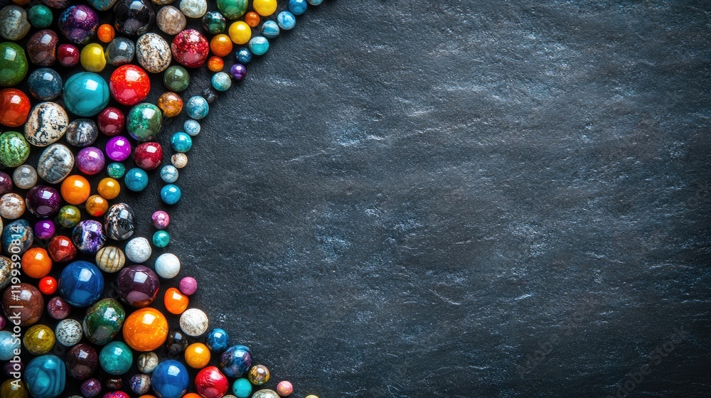 Poster vibrant multicolored stone beads arranged on textured dark slate background with ample empty space f