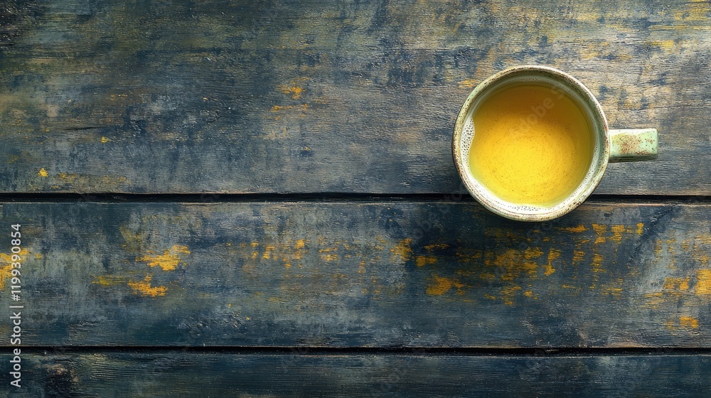Aufkleber chamomile herbal tea in a rustic green cup on a textured dark wooden background with ample copy spac