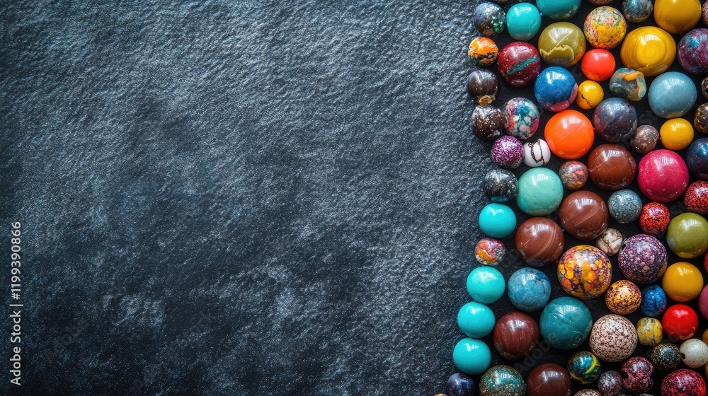 Poster vibrant assortment of colorful stone beads arranged on a dark textured surface with ample empty spac