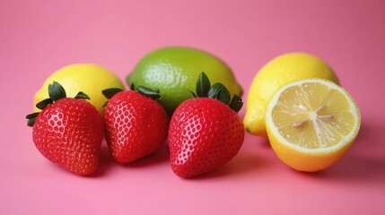 Vibrant arrangement of fresh strawberries lemons and limes on a soft pink background providing ample empty copy space for creative text insertion