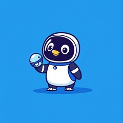 Obraz premium Penguin robot holds a blue ball on blue backdrop for mascot, icons, or stickers