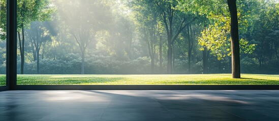 Modern home interior showcasing horizontal dark grey lines with serene park view and lush green foliage illuminated by soft sunlight