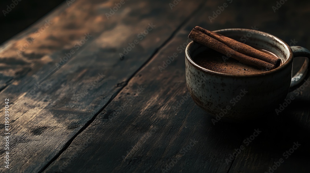 Poster rustic cup of coffee with cinnamon stick placed on a dark wooden table featuring natural textures an