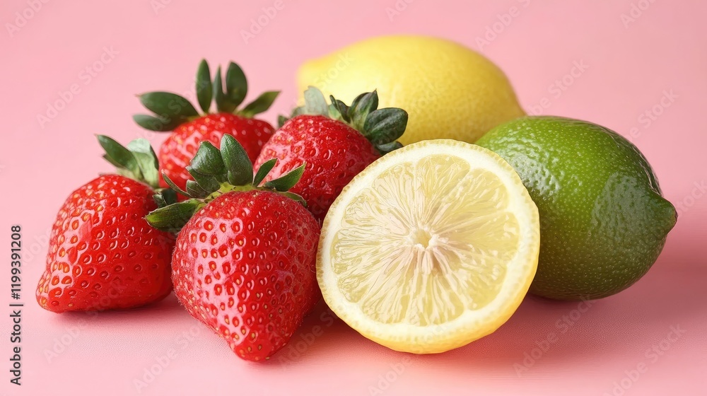 Poster vibrant strawberries lemons and limes arranged on a soft pink background with ample empty copy space