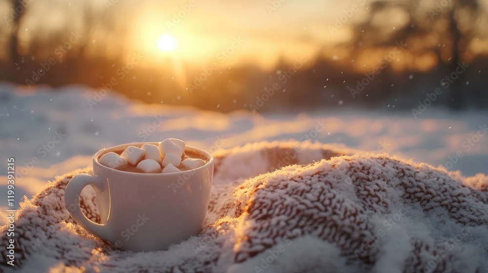 Aufkleber cozy white cup of cocoa topped with fluffy marshmallows resting on a textured knitted blanket in sof