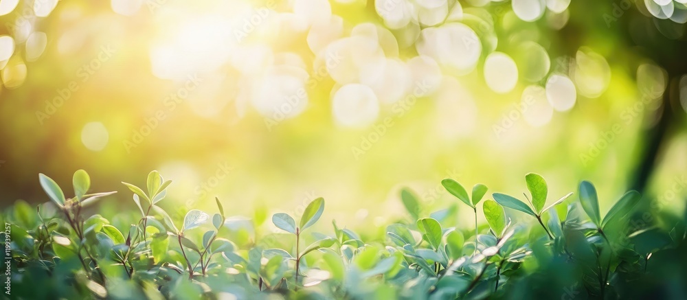 Poster defocused summer nature background with soft green foliage and warm sunlight creating a serene outdo