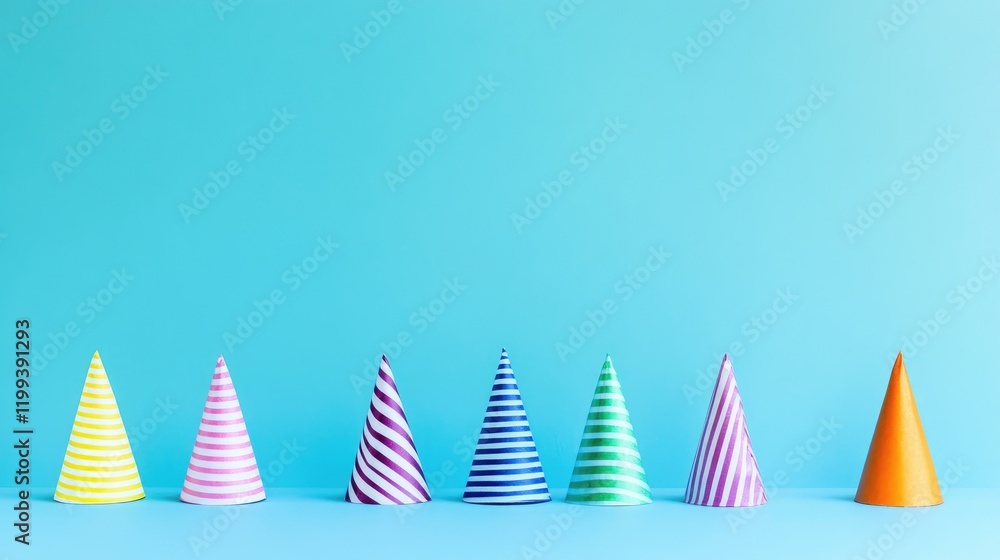 Poster colorful striped party hats in a row against a vibrant blue background with ample empty space for te
