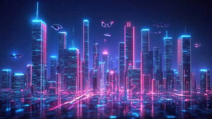 Fototapeta premium A vibrant, futuristic city skyline with glowing neon lights and drones flying in a dark, high-tech atmosphere.