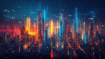 Naklejka premium A vibrant, futuristic city skyline illuminated by colorful lights, showcasing a blend of technology and urban life against a dark backdrop.