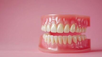 Obraz premium Dental surgery model showcasing lifelike human teeth against a soft pink background with blank space for informative dental text.
