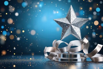 Celebration award ceremony festive setting silver star trophy sparkling environment close-up view achievement recognition