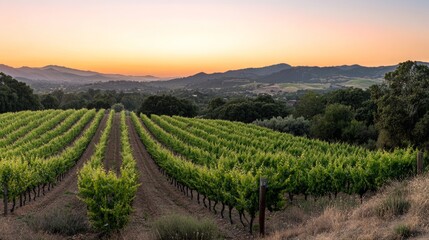 A panoramic view of rolling hills covered in green vineyards at sunset,