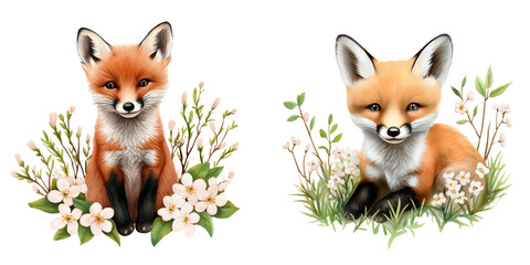 Fototapeta premium Cute foxes surrounded by flowers, showcasing their playful nature and charm