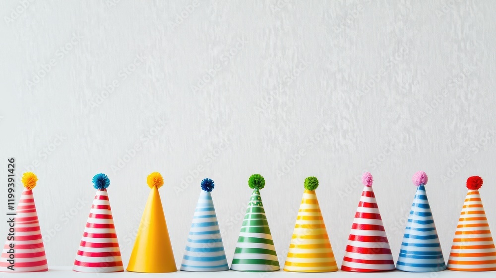 Poster vibrant striped party hats in a colorful array displayed in a row against a minimalist white backgro