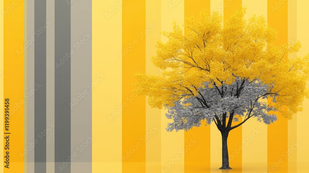 Poster vibrant yellow and gray striped background with autumn tree in full bloom against a bright yellow an