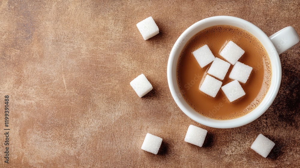 Poster cup of rich brown coffee topped with white sugar cubes on a rustic brown surface with ample empty sp