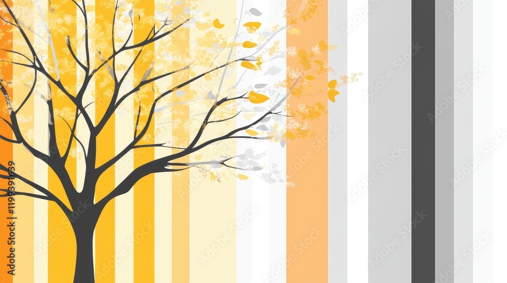 Poster vibrant yellow and gray striped background featuring a silhouetted tree with autumn leaves and gener