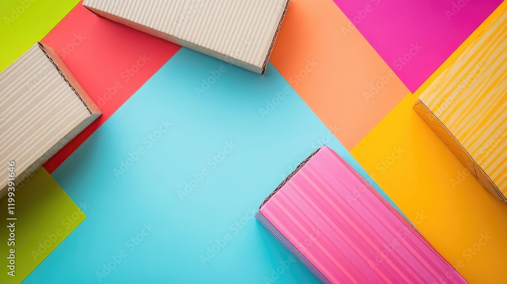 Poster vibrant striped cardboard boxes arranged on a colorful background with empty space for branding and 
