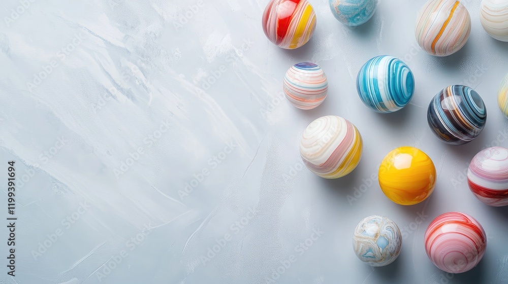 Poster colorful striped glass marbles in various colors on a smooth light grey surface with ample empty spa