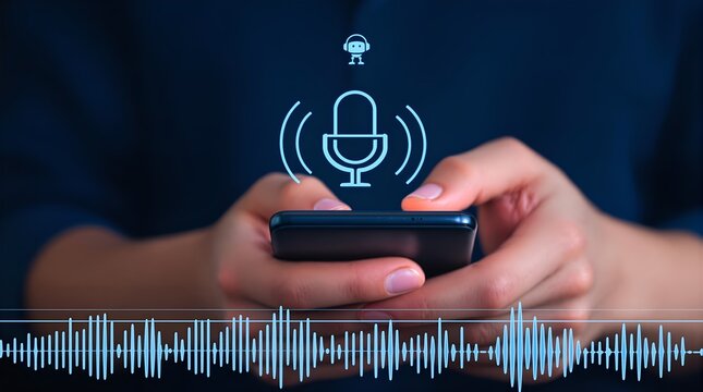 Seamless Connection: Hands on Smartphone with Voice and AI Technology Icons