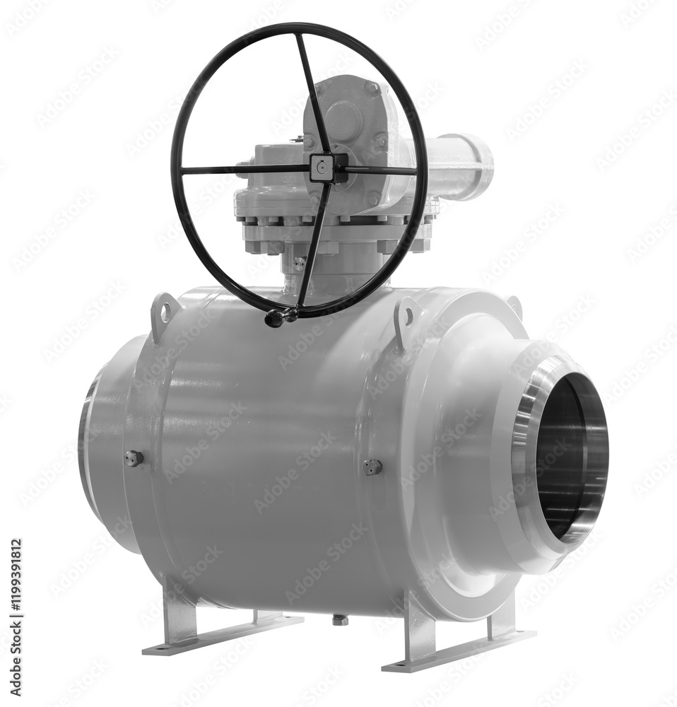Poster a large white ball valve with a black handle. the valve is in the middle isolated on transparent bac