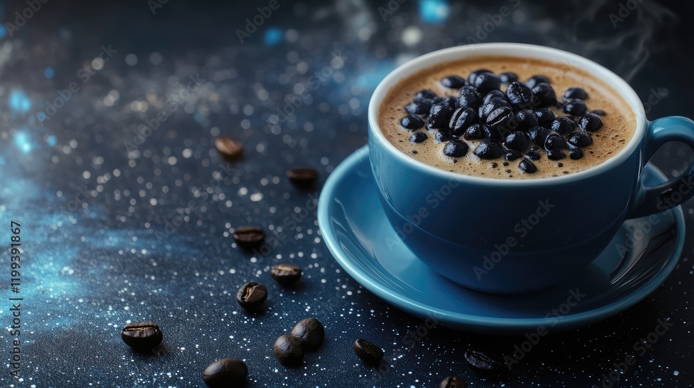 Poster close-up of blue cup filled with steaming coffee topped with tapioca pearls and coffee beans set aga