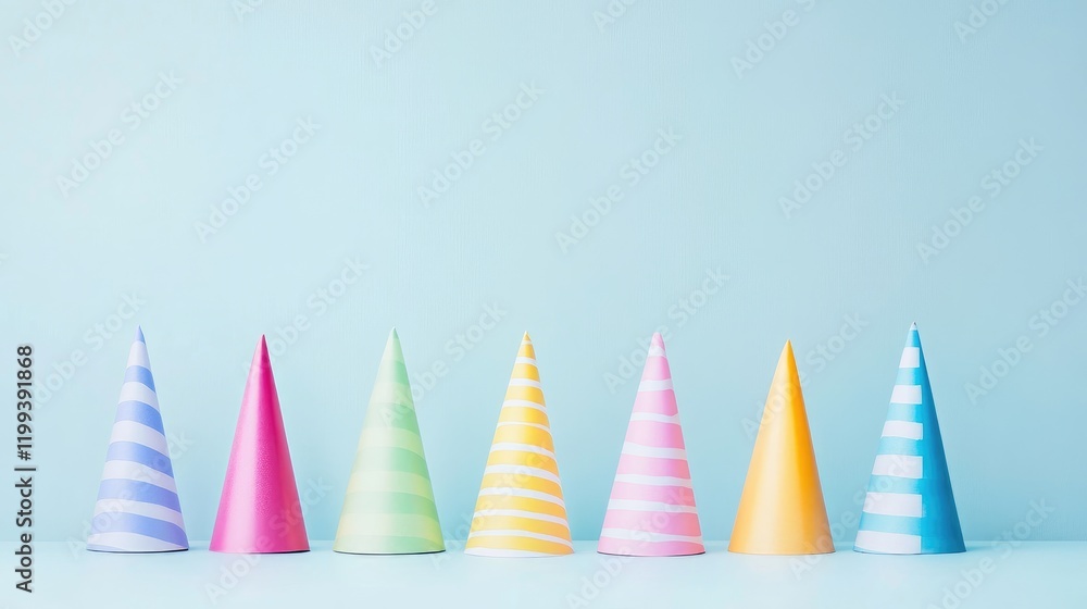 Poster vibrant pastel striped party hats in a row against a soft blue background with ample empty space for