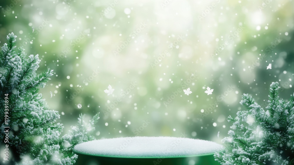 Poster vibrant green podium set against a soft blurred bokeh background with falling snow and festive chris
