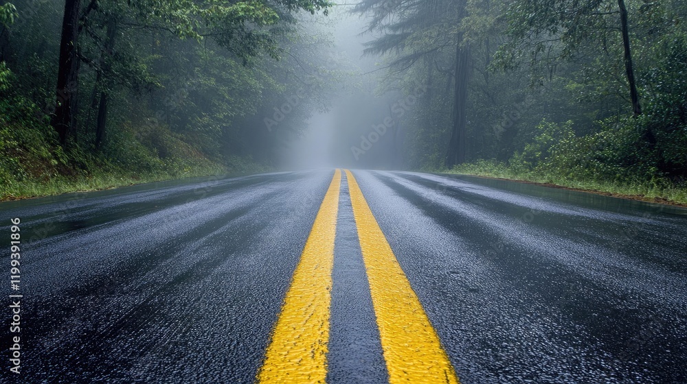 Poster mysterious fog enveloping wet asphalt road with reflective yellow line markings, surrounded by lush 