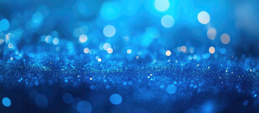 Defocused blue party lights creating a shimmering bokeh effect on a concert stage with an empty text space for promotional use