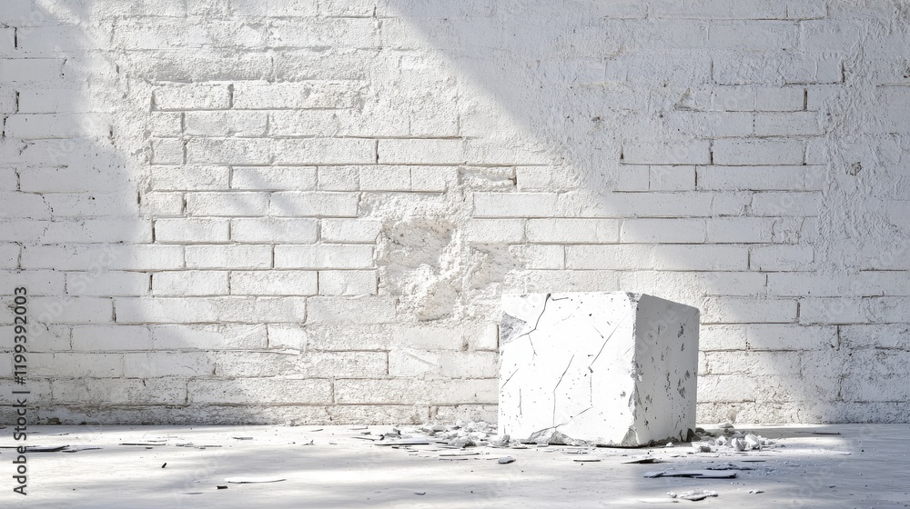 Poster dented white cube on a textured white brick wall background with scattered debris and ample empty co