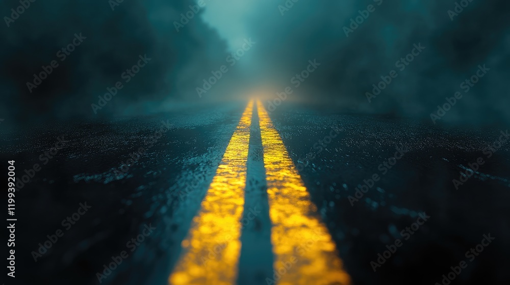 Poster mysterious dense fog enveloping a wet asphalt road with reflective yellow line markings creating a s