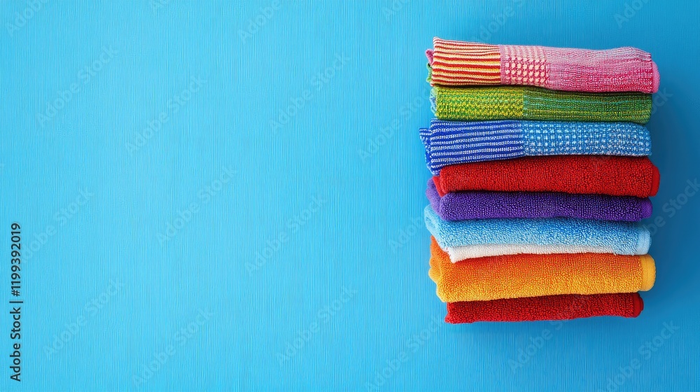 Poster Vibrant Striped Towels Neatly Stacked in Vivid Colors Against a Serene Blue Background with Generous Space for Textual Elements