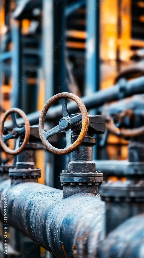 Poster rusty pipeline valves controlling industrial fluid flow, showcasing intricate mechanical regulation 