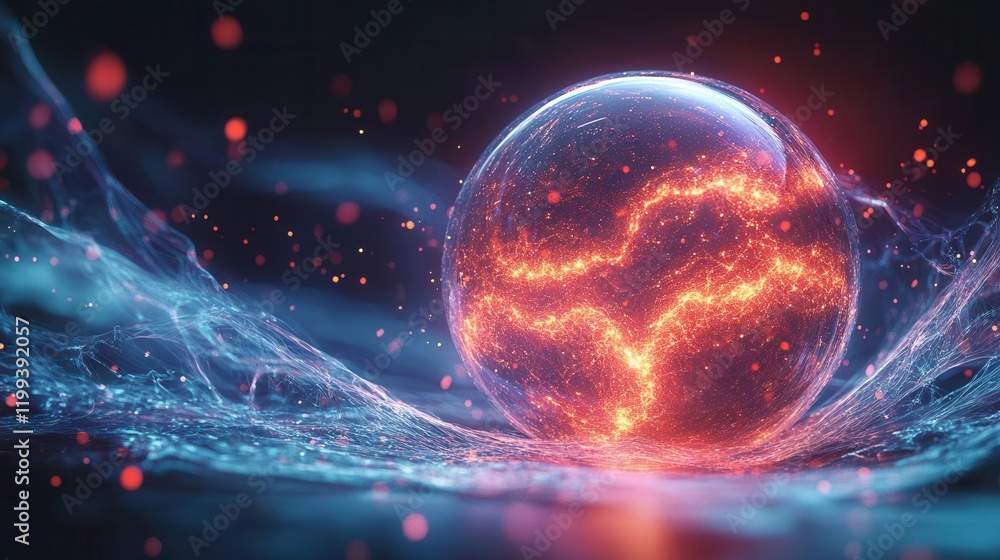 Poster a glowing orb surrounded by vibrant energy and dynamic waves, creating a captivating futuristic visu