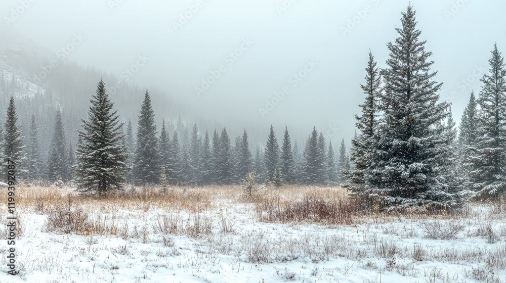 Poster snowy mountain pine forest shrouded in dense fog during winter with frosty evergreen trees and soft 