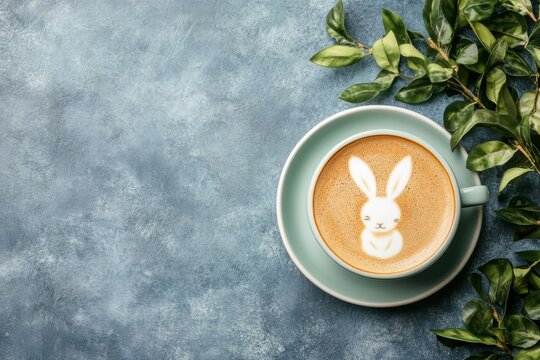 Adorable bunny latte art in a teal cup,  perfect for Easter or a spring morning. Enjoy!