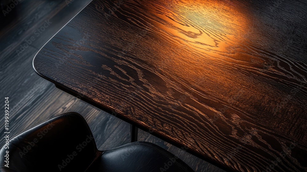 Poster high angle close-up of a textured dark wooden table illuminated by soft warm light against a modern 