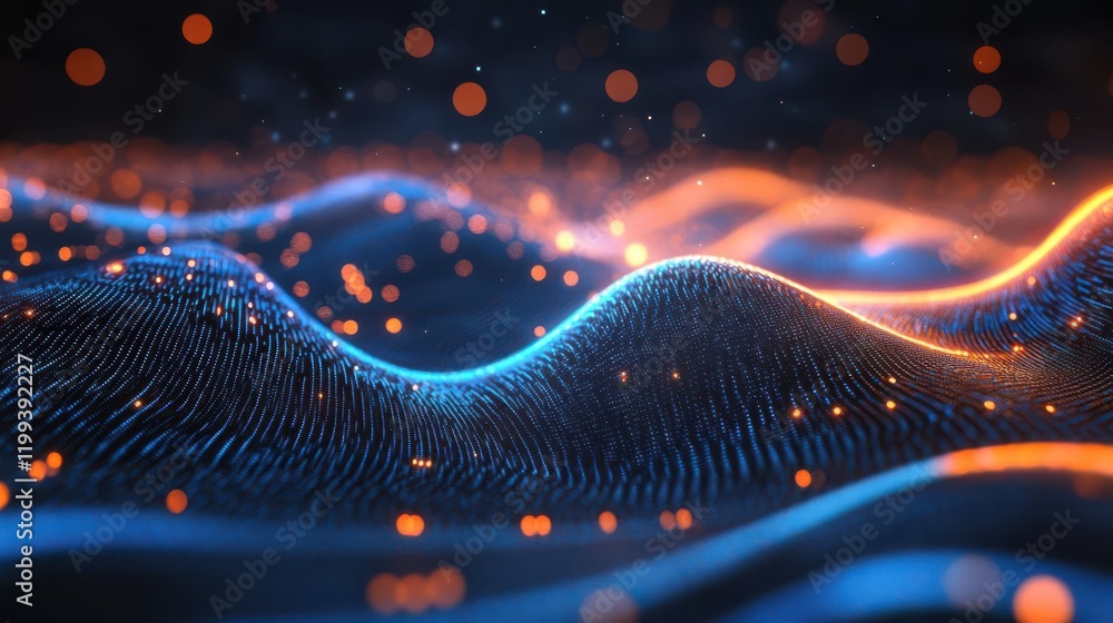 Poster a vibrant, abstract representation of flowing waves illuminated by blue and orange lights, creating 