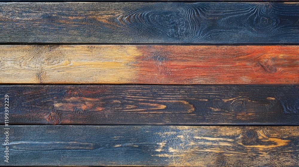 Poster vibrant multicolored stripes on aged dark wooden planks with natural grain texture and empty space f