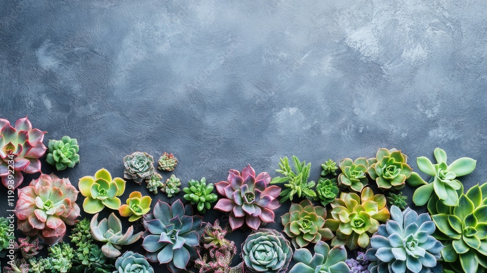Aufkleber vibrant succulent plants in varying colors arranged on dark textured surface with empty gray copy sp