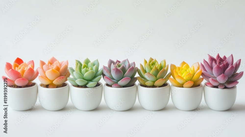 Poster vibrant assortment of succulent plants in white ceramic pots arranged in a row against a soft light 