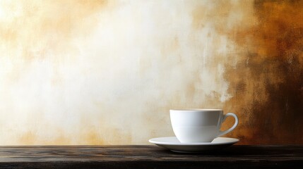 Obraz premium White coffee cup on wooden table against warm two-tone brown and gold textured background with ample copy space for text.