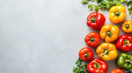 Vibrant assortment of stuffed roasted bell peppers in red, yellow, and orange hues arranged on a light gray background with fresh herbs, ideal for Mediterranean culinary concepts.