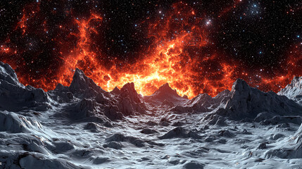 Fototapeta premium Fiery Nebula Over Icy Mountains: A Cosmic Landscape sentencesa