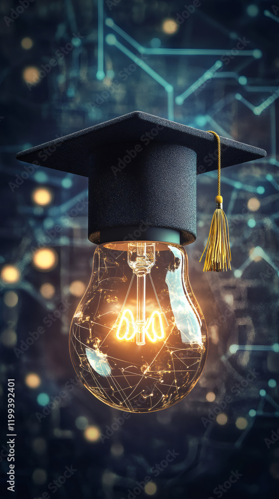 Poster graduation cap resting on illuminated light bulb, symbolizing learning potential and creative thinki