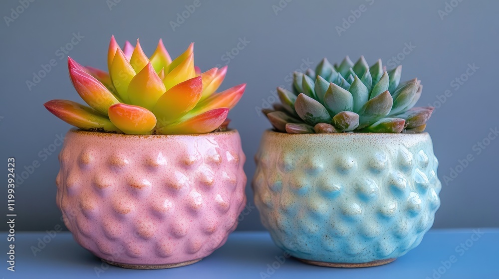 Poster vibrant pink and blue textured pots with colorful succulents against a soft gray background showcasi