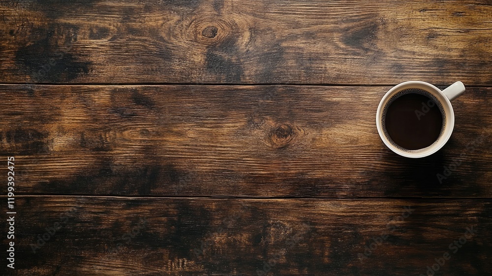 Aufkleber steaming cup of brown coffee on rustic wooden table with ample empty space for text application in w