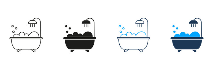 Bathtub with Showerhead and Bubbles Line and Silhouette Icon Set. Relaxing Bath Time with Foam Symbol. Editable Stroke. Isolated Vector Illustration